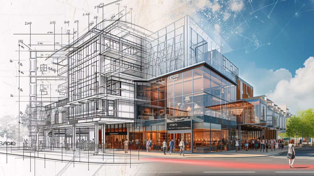Renderização 3D em wireframe de fachada comercial, representando a compatibilização de projetos estruturais e complementares em ambiente BIM.